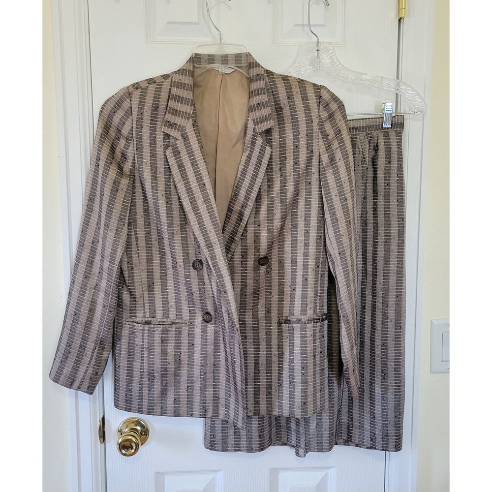Haberdasher Vintage Striped Skirt Suit Set Brown Tan Double Breasted AS IS 10